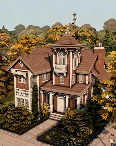 The Sims 4 Charming Victorian house surrounded by greenery.
